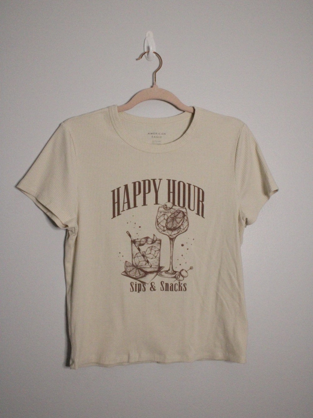 American Eagle Outfitters Cream 'Happy Hour' Graphic Tee with Brown Print